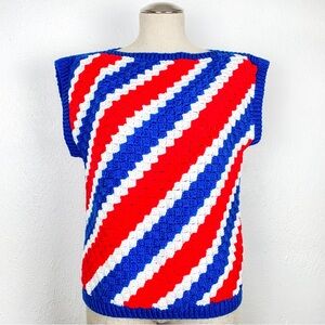 Vintage Hand Knit Short Sleeve Cap Sleeve Red White and Blue Patriotic Sweater